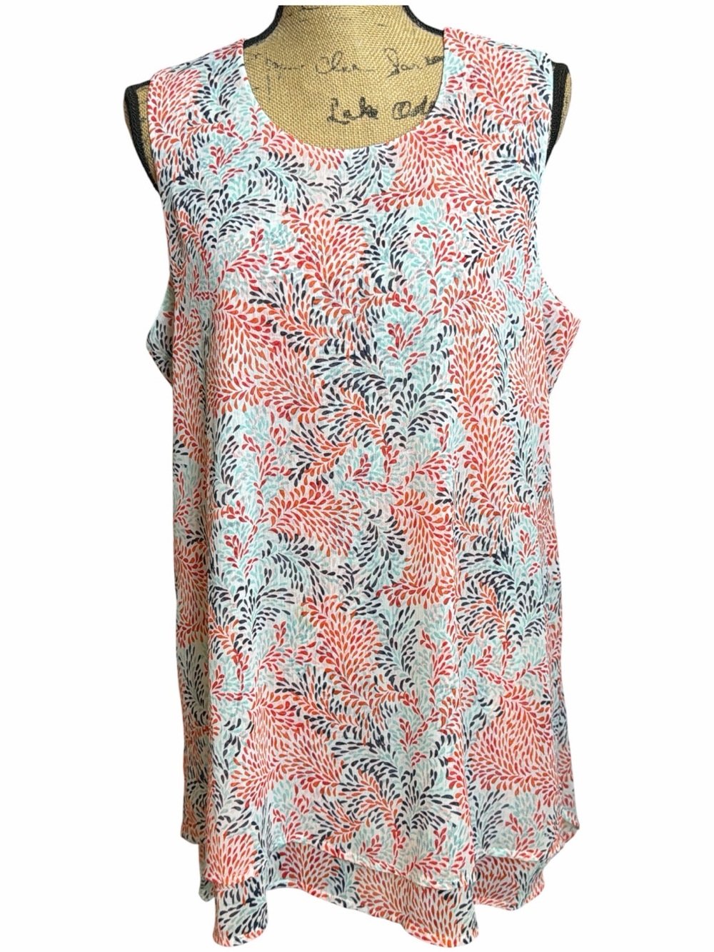 Fever Coral, Aqua & Navy Leaf-Print Sleeveless Top. EC. Size large